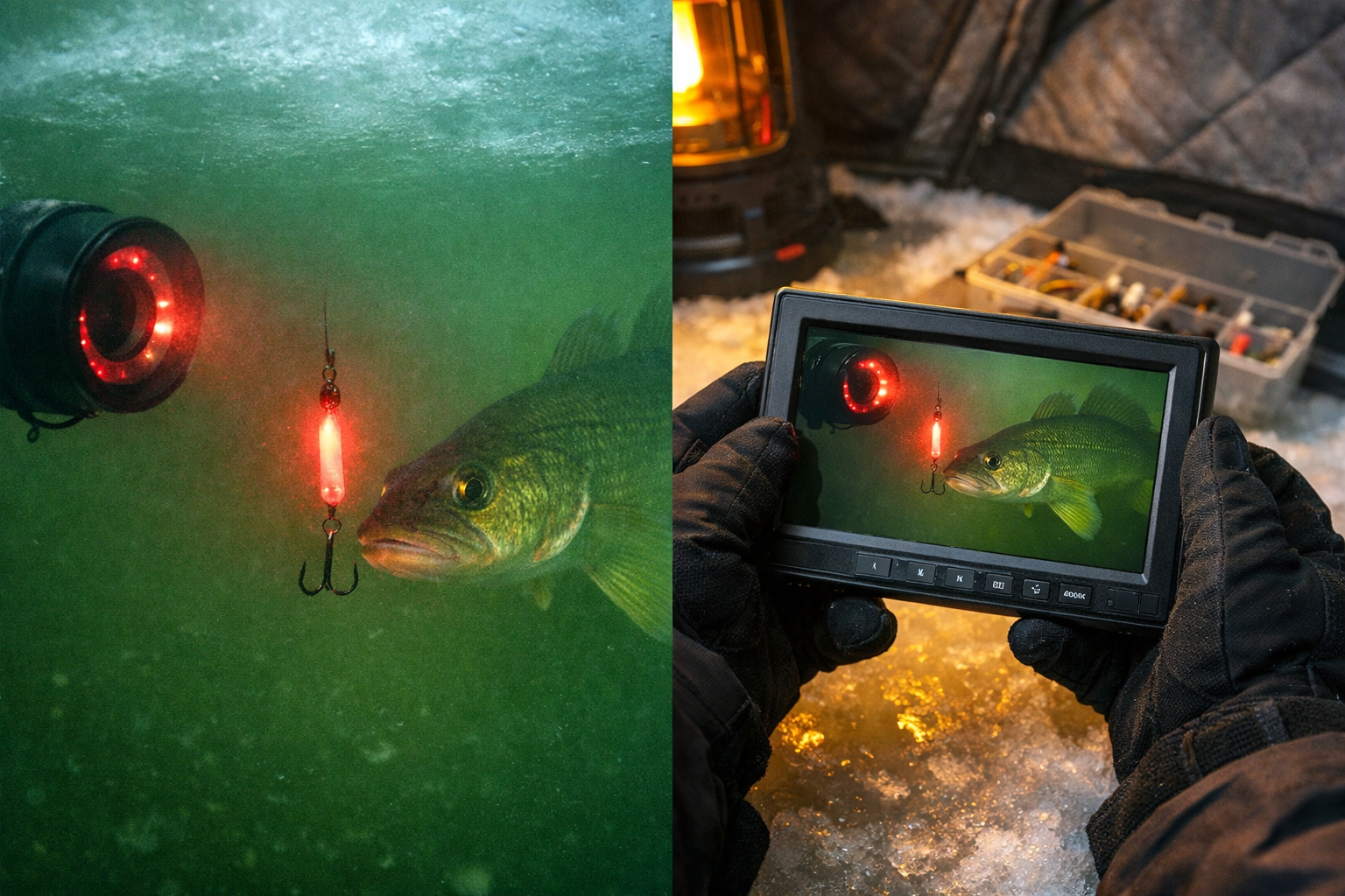 () split-screen underwater and above-ice view. Left half shows a murky green underwater scene with infrared LED glow