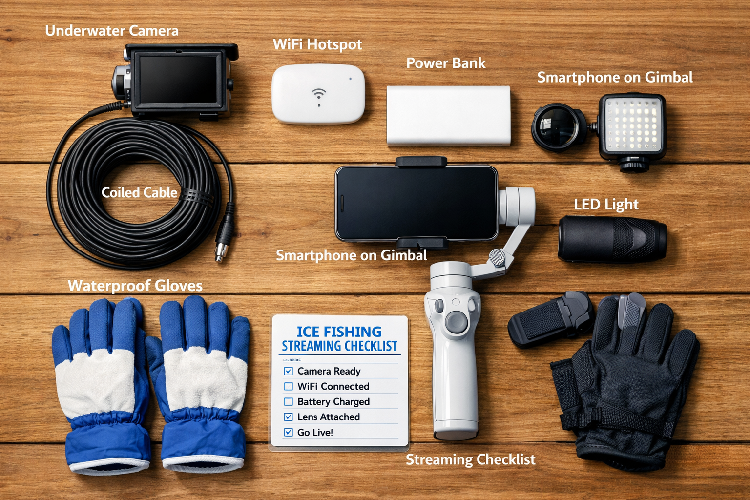 () top-down flat-lay style editorial photo of a complete ice fishing live streaming gear layout on a wooden table: