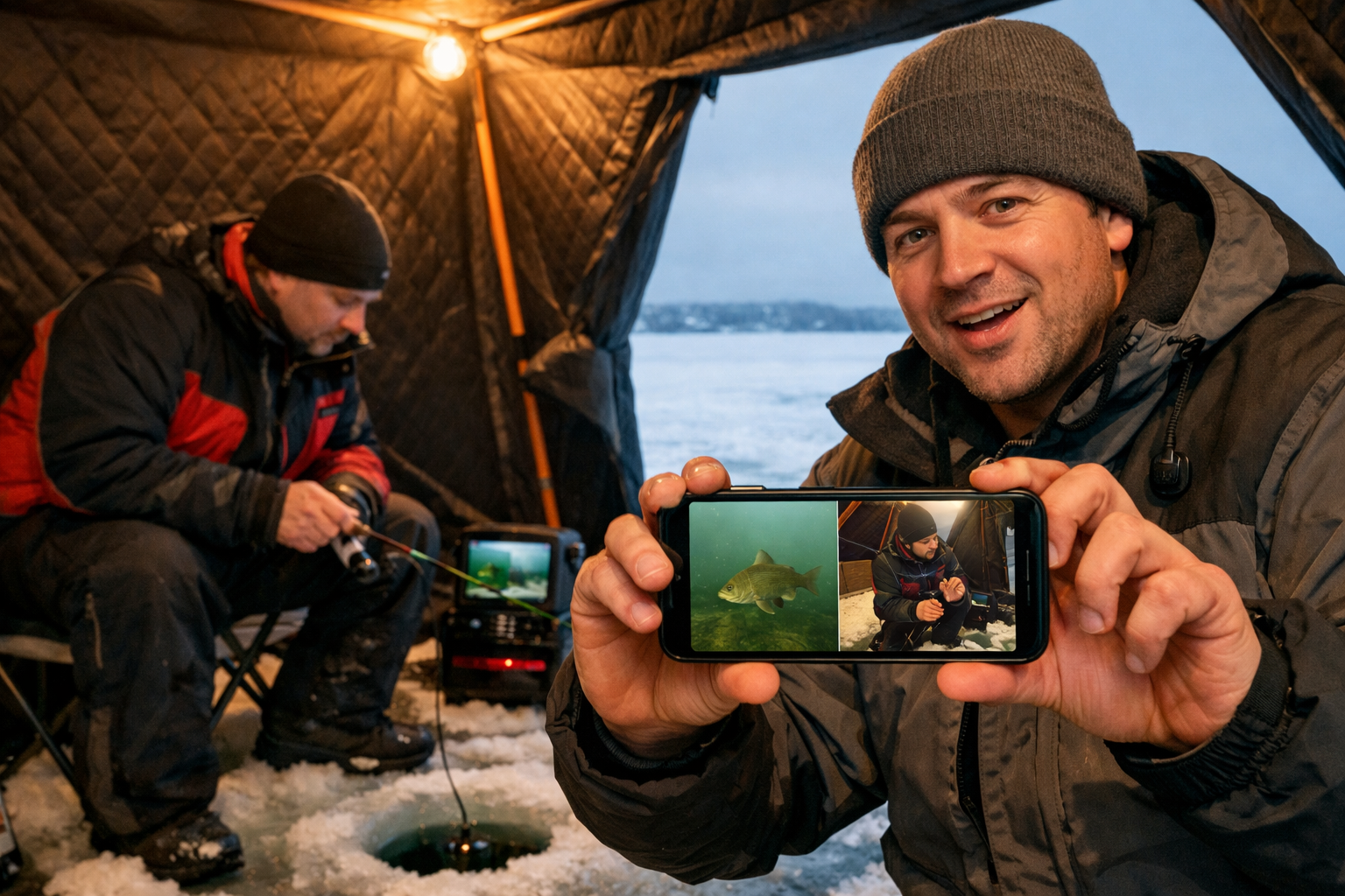 () wide-angle editorial photo from inside a spacious ice fishing hub shelter showing two anglers: one jigging over a hole