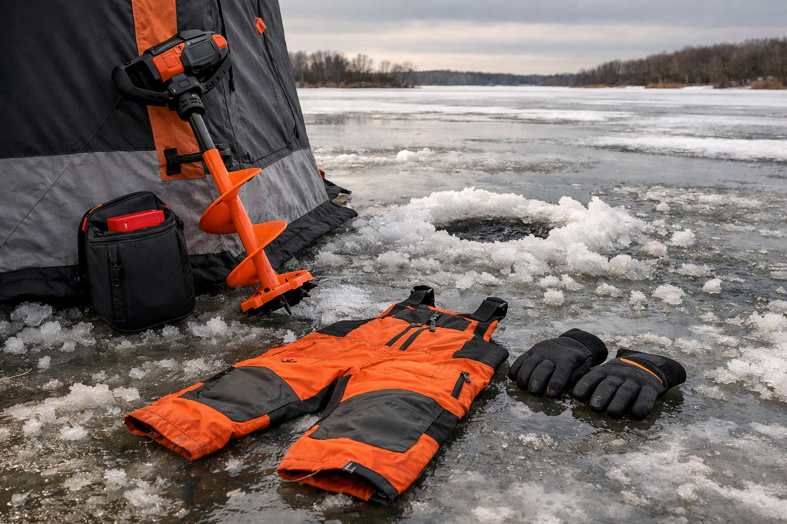 () wide-angle ground-level perspective of an ice fishing setup on a slushy March lake surface, showing an 8-inch electric