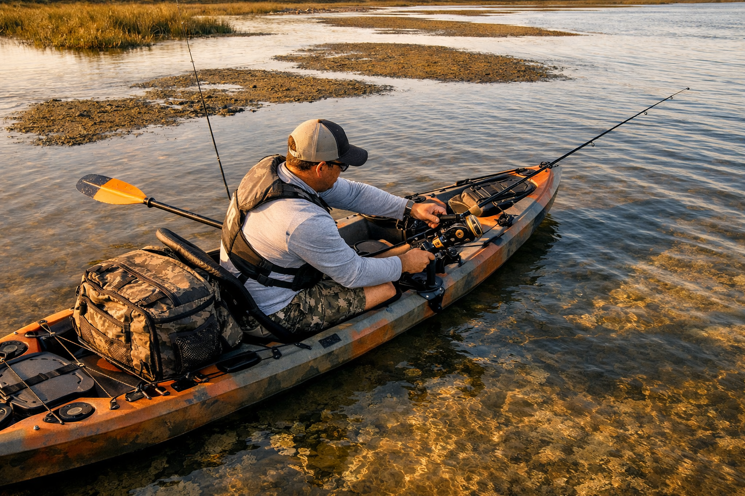 () wide-angle shot of kayak angler securing rod with Lew's Custom Pro reel in rod holder on fully rigged sit-on-top kayak,