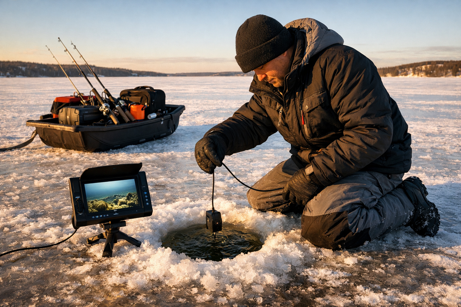 () wide shot of a mobile ice angler kneeling beside a freshly drilled hole on a vast frozen lake, lowering a compact