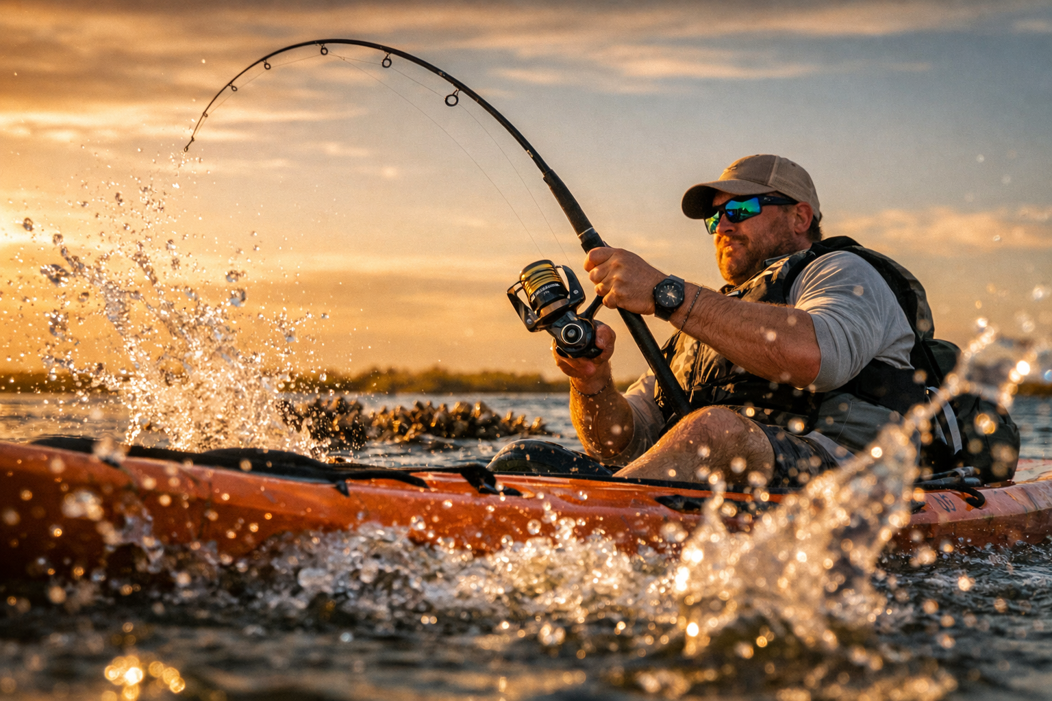 Action shot from low water-level angle of a kayak angler fighting a redfish on a spinning rod, rod bent in full load, reel