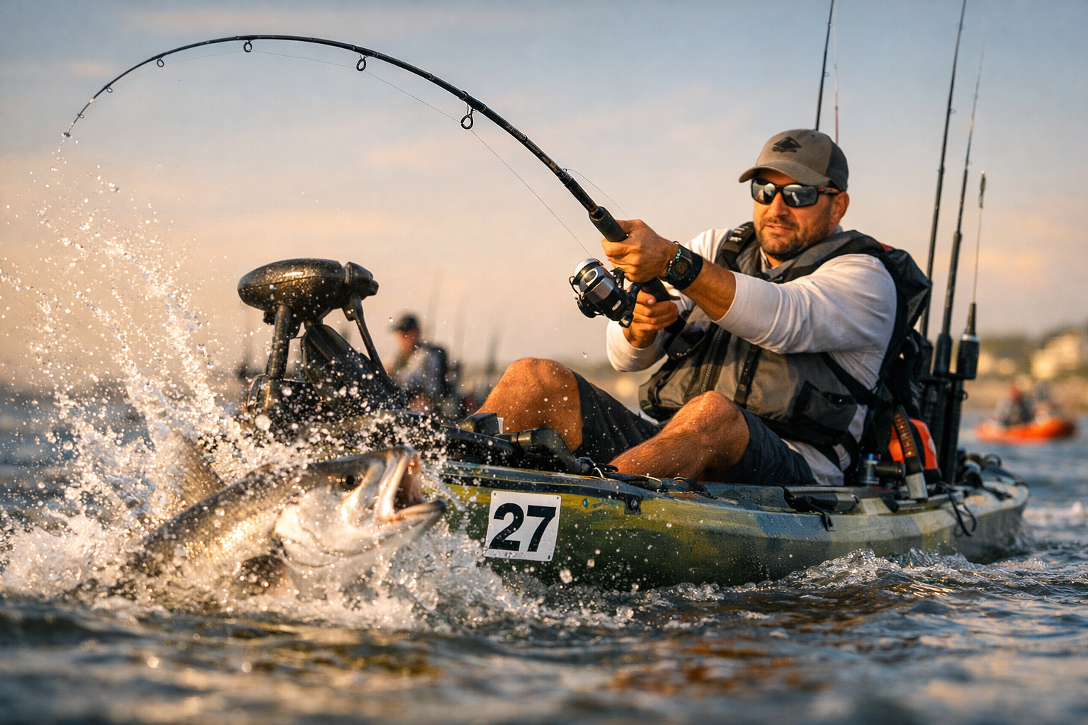 Action shot from water level showing a competitive kayak angler fighting a large saltwater fish, rod bent dramatically,