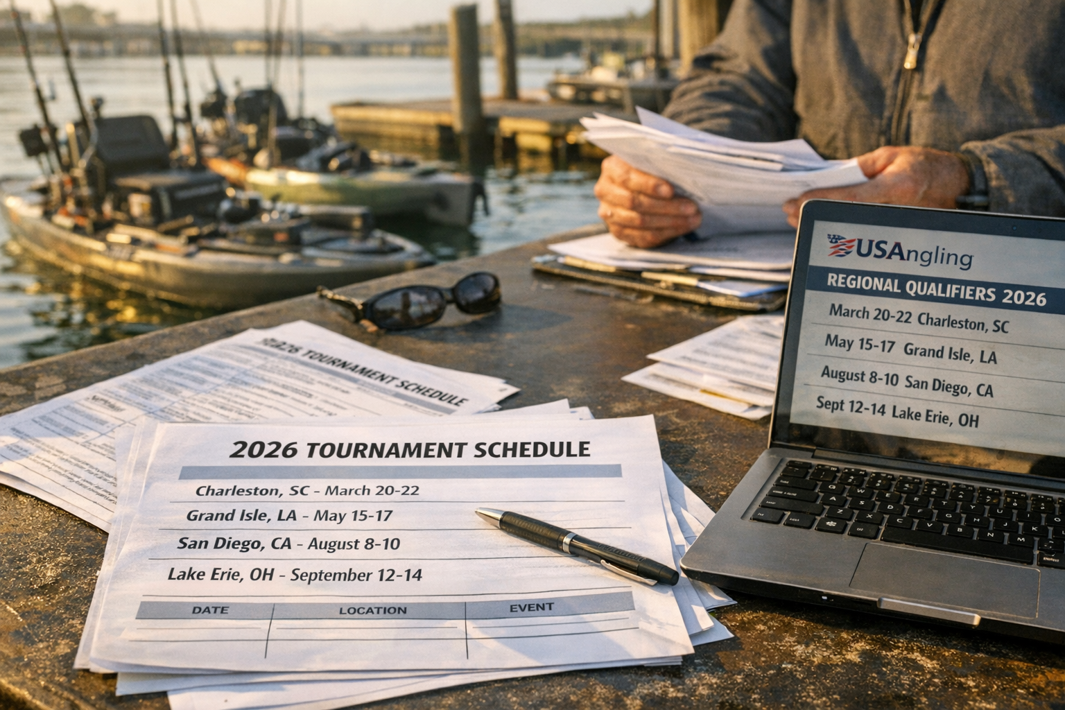 Close-up editorial shot of a tournament registration table at a coastal marina, showing printed 2026 tournament schedule