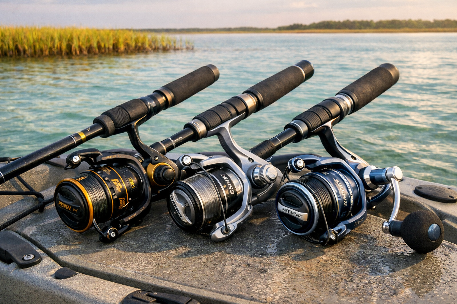 Close-up editorial shot of three spinning rod and reel combos laid side by side on a kayak deck: PENN Battle IV, Shimano