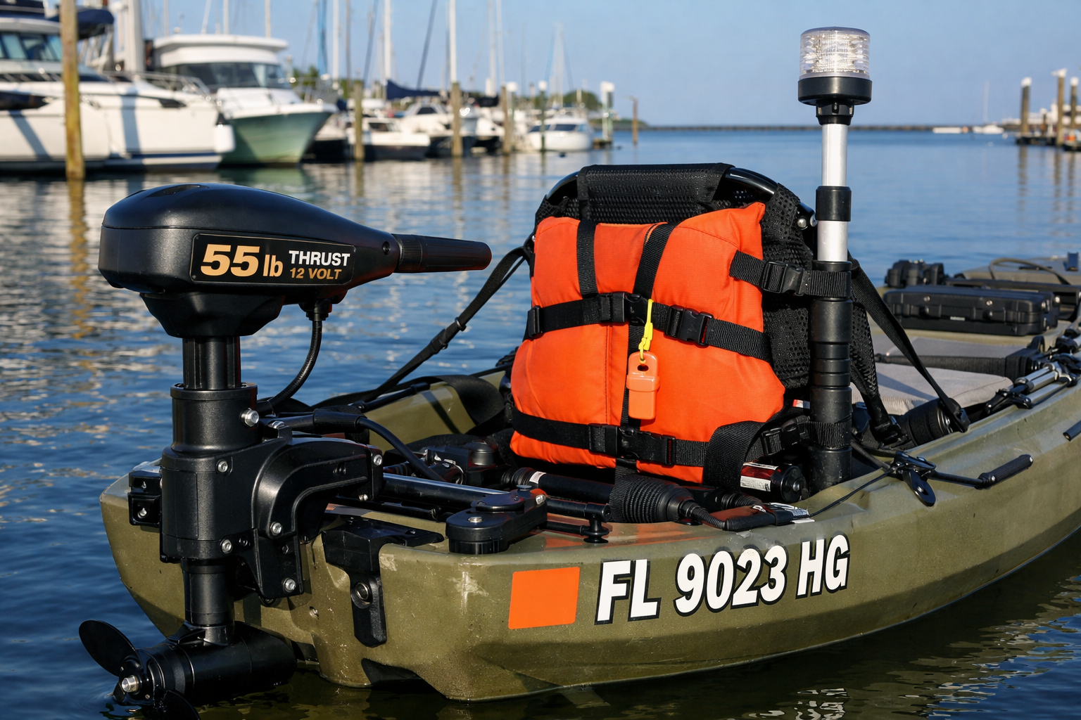 Detailed product-style photograph of a fishing kayak stern showing a legally mounted electric trolling motor with thrust