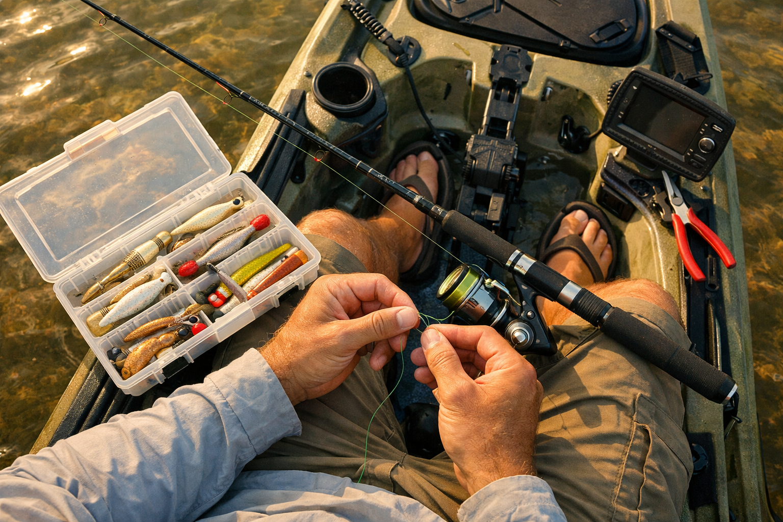 Overhead bird's-eye view of a kayak angler rigging a 7-foot medium-fast spinning rod with a 2500-size reel on a sit-on-top