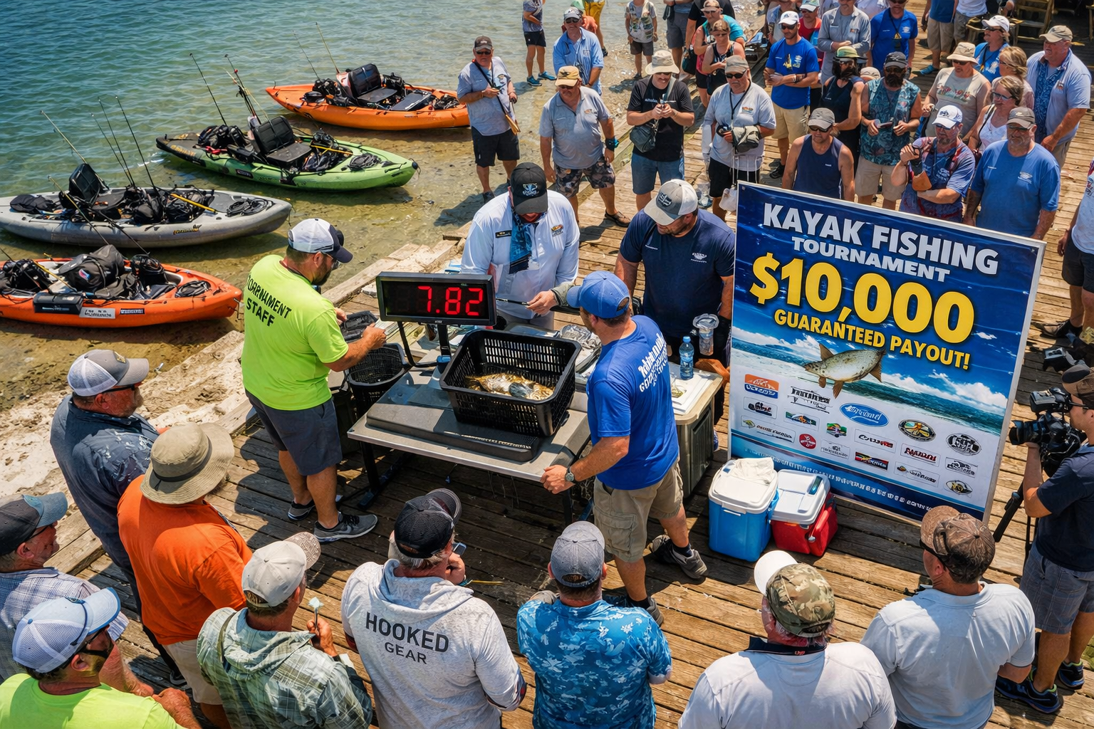 Overhead drone-style editorial photograph of a kayak fishing tournament weigh-in station at a coastal dock, anglers gathered