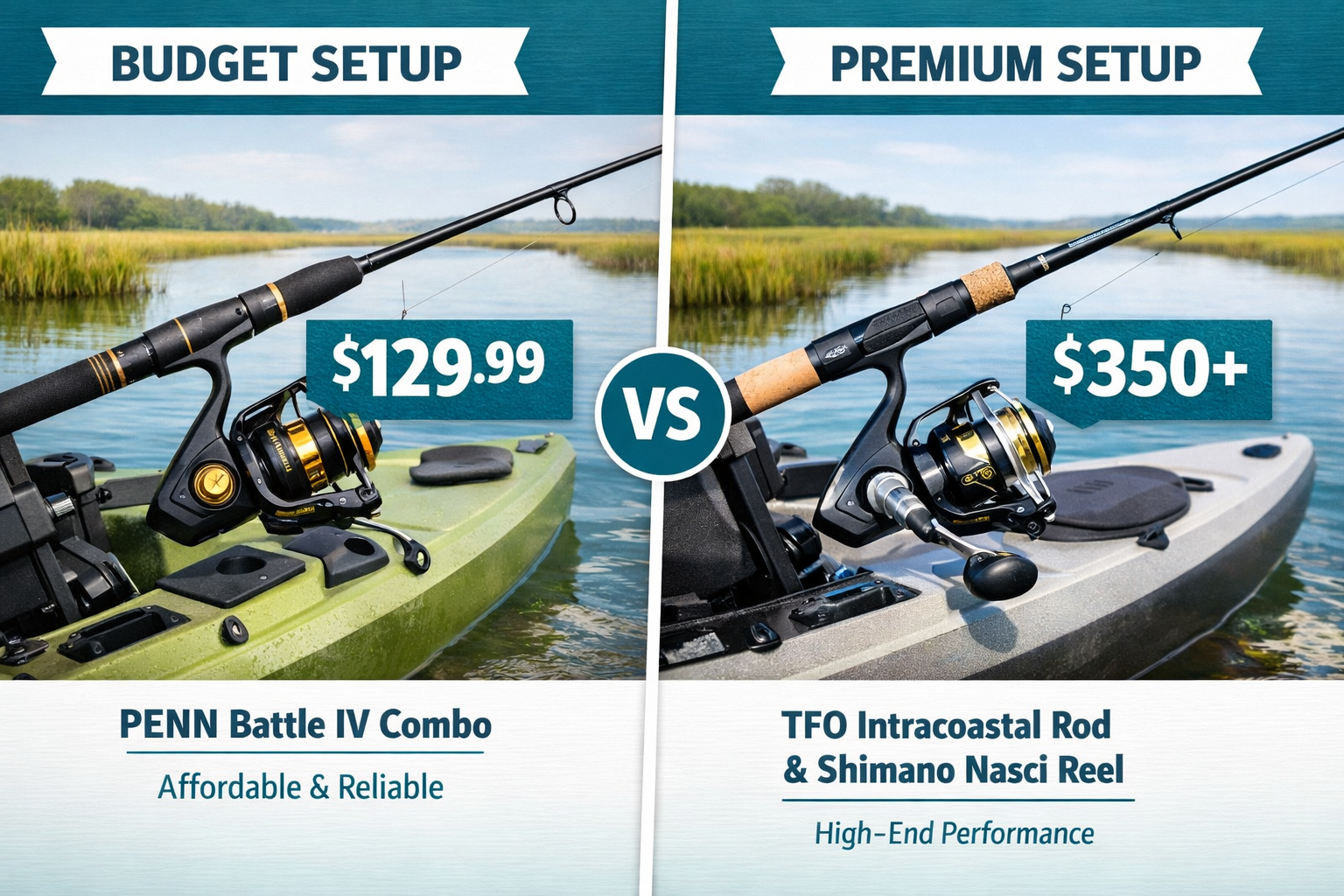 Split-composition infographic-style image showing two kayak fishing setups side by side: left side shows a budget PENN