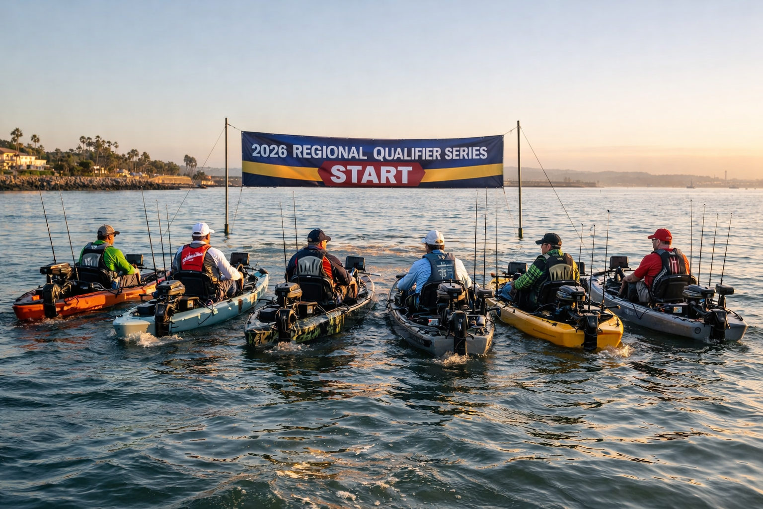 Wide-angle editorial photograph of six competitive fishing kayaks lined up at a tournament start line on open saltwater,