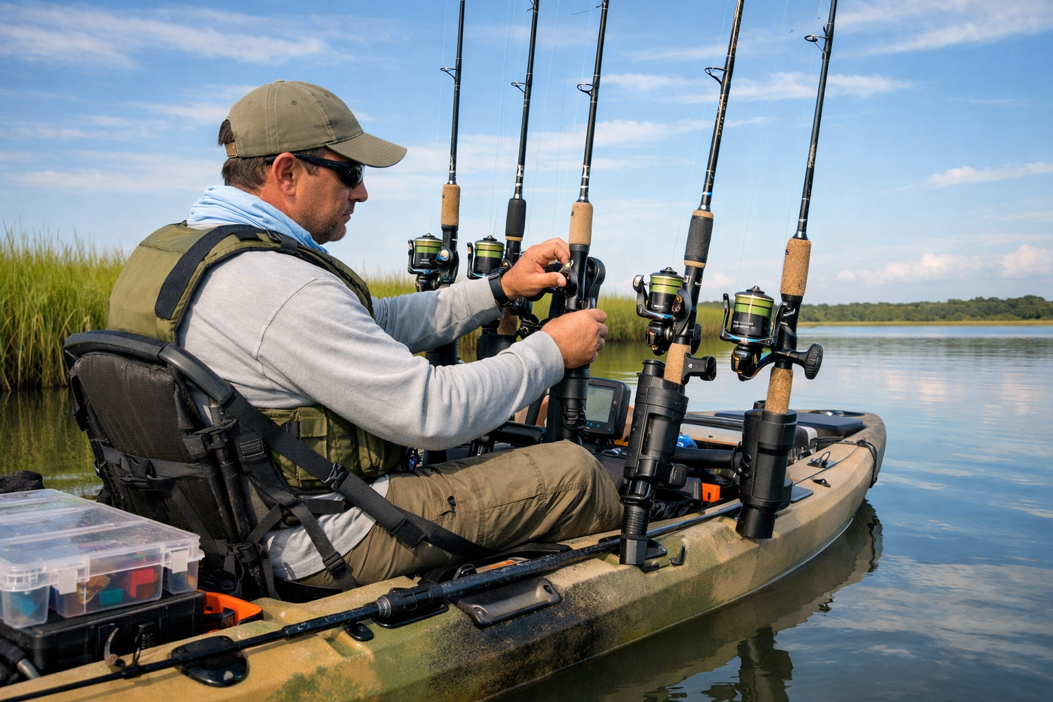 Wide-angle shot of a kayak angler seated in a sit-on-top kayak organizing rod holders with multiple inshore spinning combos